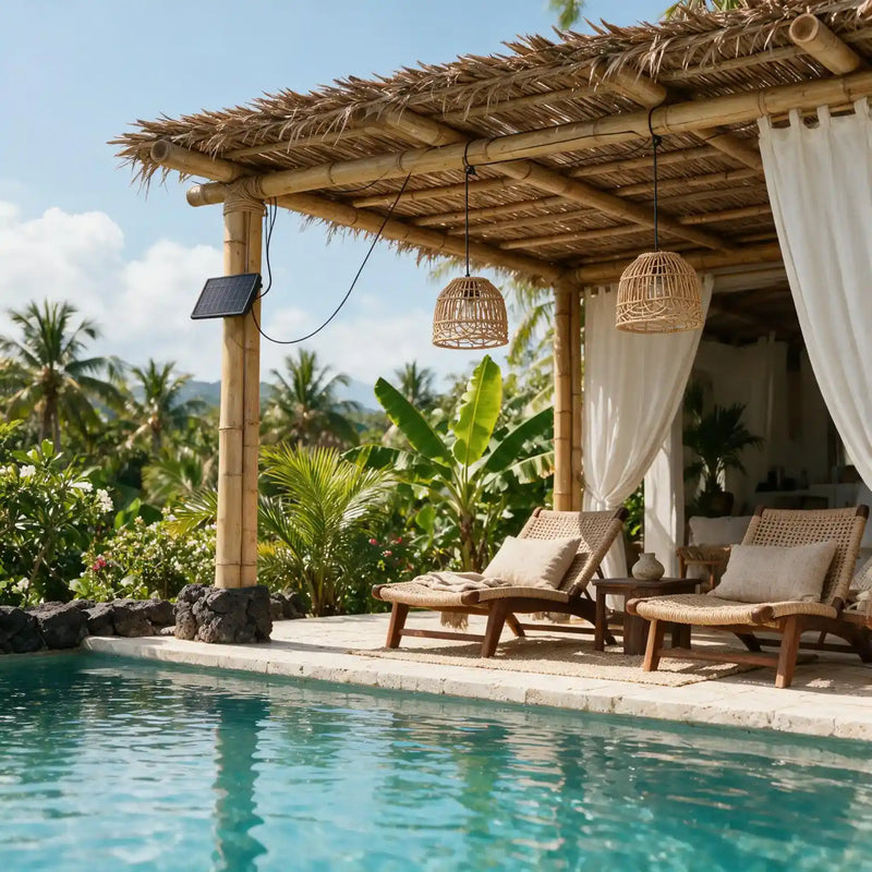 PT0914 twin solar rattan pendant lights with one solar panel on a covered patio