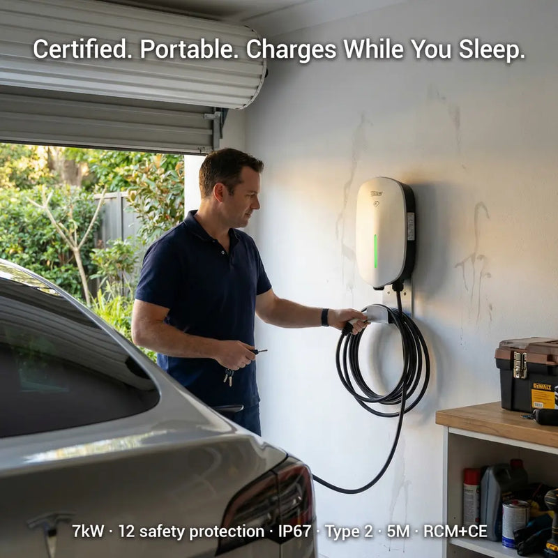 Man plugging Outway EV05 portable charger in a garage, featuring 7kW power, IP67 waterproof rating, and 12 safety protections.