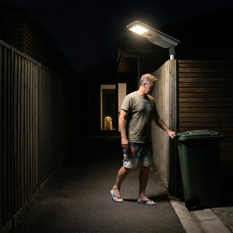 Man walking with a dog in a dark alleyway illuminated by a streetlight.