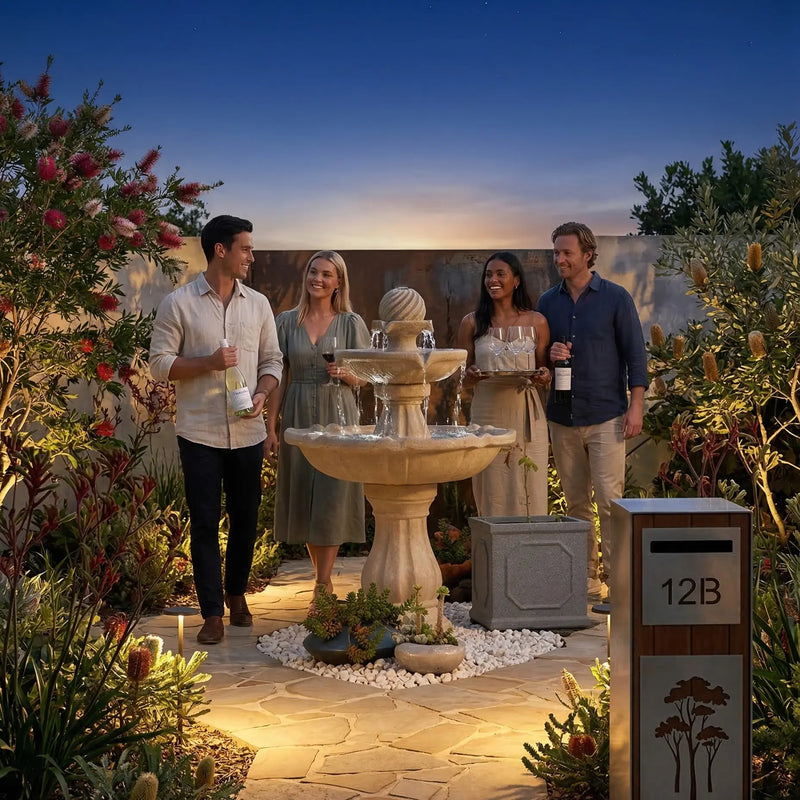 Four friends with wine glasses gathered around an OUTWAY F002 cream yellow two-tier solar garden fountain at dusk in an Australian native garden with bottlebrush and banksia in bloom