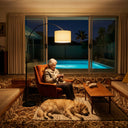 Woman sitting in a chair by a pool at night with a dog lying on the floor.