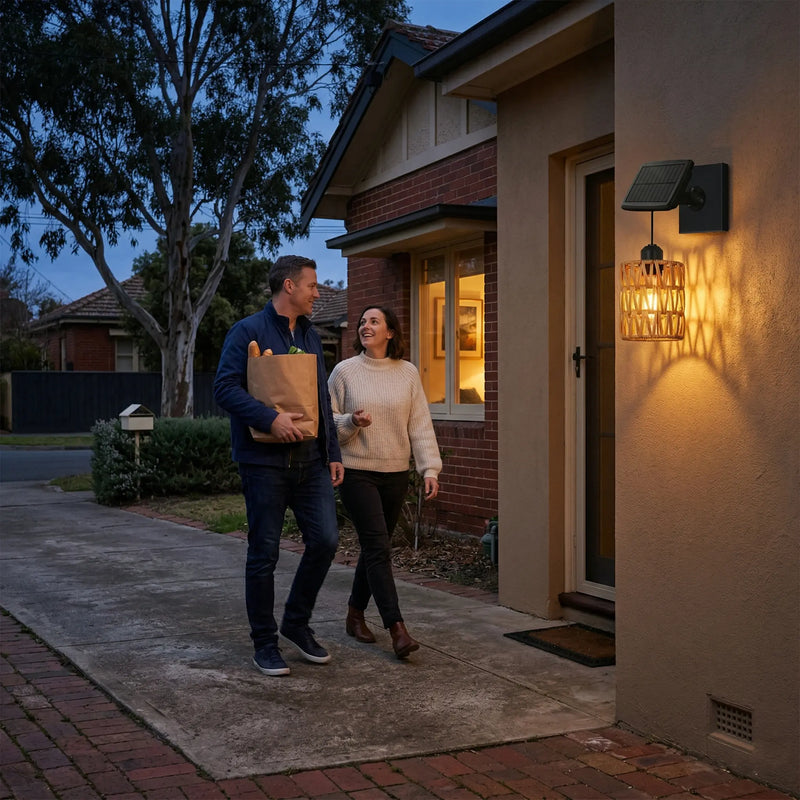 The Kasa solar wall sconce installed on a garden wall at dusk, with the 3000K warm light turned on, casting intricate organic shadow patterns through the weave onto the wall surface. Showcases its atmospheric lighting effect and decorative appeal for evening ambiance.