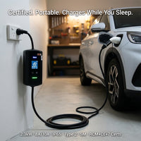 Electric vehicle charging station with a car plugged in, labeled 'Certified. Portable. Charges While You Sleep.'
