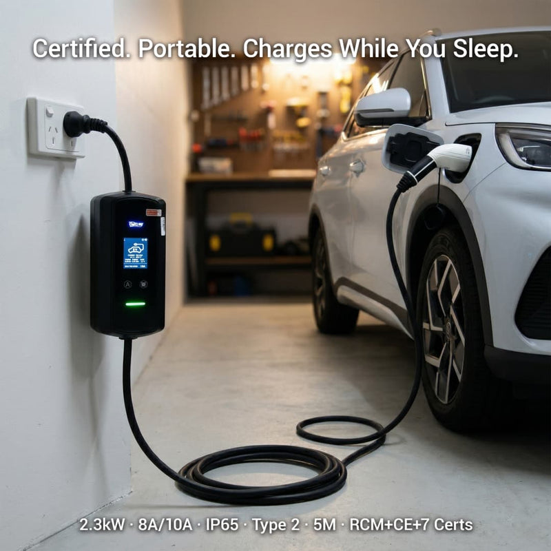 Electric vehicle charging station with a car plugged in, labeled 'Certified. Portable. Charges While You Sleep.'