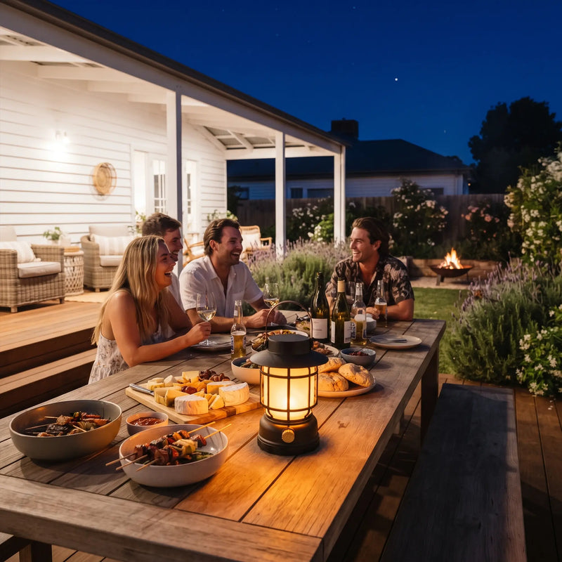 Friends gather around outdoor dining table at night, lit by solar lantern; fire pit glows softly in garden background.