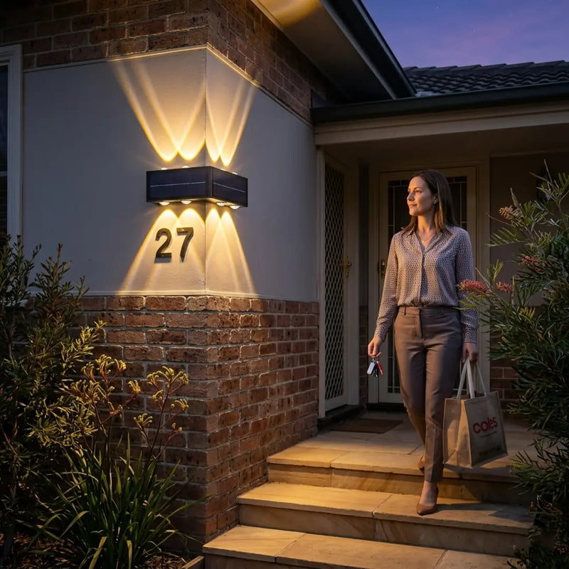 A woman carrying shopping bags walking towards a home entrance, where the house number 27 is clearly illuminated by the dual beams of the PT0803 Grivo solar corner light, emphasizing its role as a welcoming porch light and address marker.