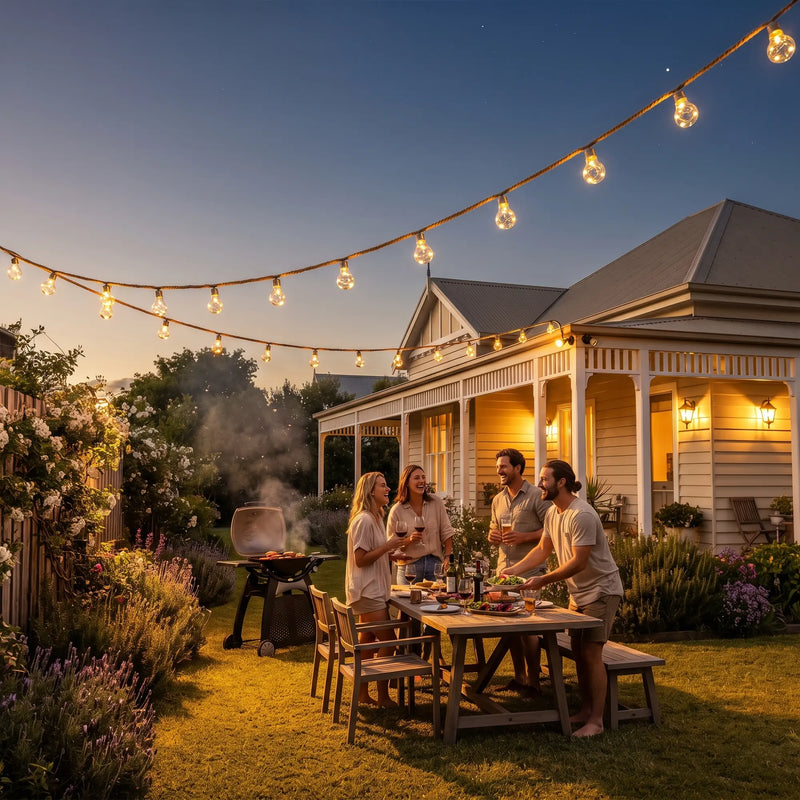 Friends gather for BBQ under solar string lights strung above lawn; white cottage glows warmly in background as dusk settles.
