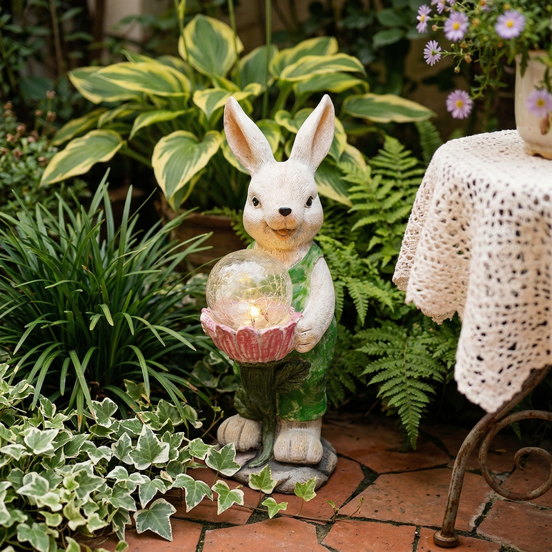 A resin garden rabbit statue wearing green overalls, holding a glowing crackle glass globe in a pink flower-shaped bowl, placed among dark gravel and purple flowers near wooden steps at dusk.