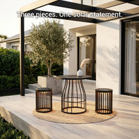 Outdoor patio set with three pieces on a wooden deck, featuring a pergola and plants.