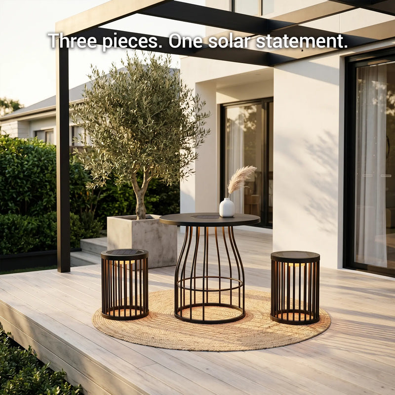 Outdoor patio set with three pieces on a wooden deck, featuring a pergola and plants.