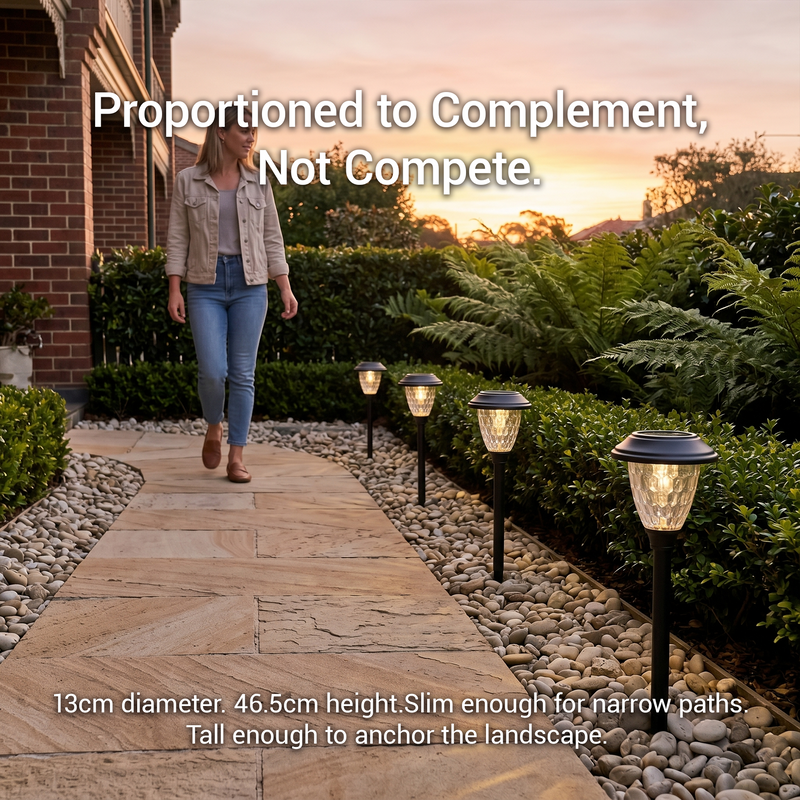 Row of solar garden lights lining a stone pathway beside pebble border and ferns, with text overlay “Proportioned to Complement, Not Compete” and specs “13cm diameter. 46.5cm height. Slim enough for narrow paths. Tall enough to anchor the landscape.” — demonstrating balanced scale for modern Australian gardens.