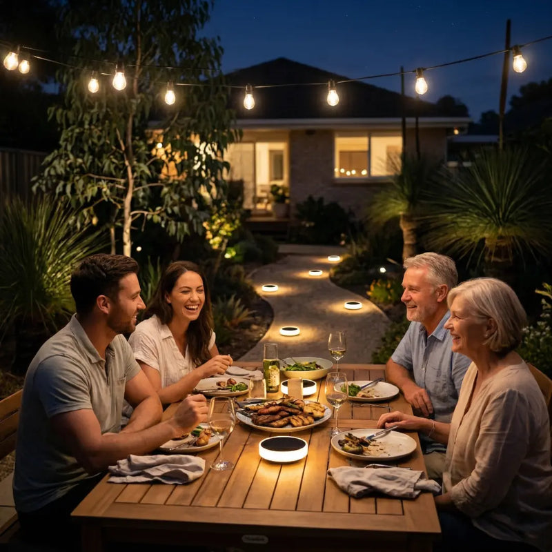 Solar pathway lights lining a garden path during an outdoor dinner party, providing ambient lighting for a family gathering in the backyard.