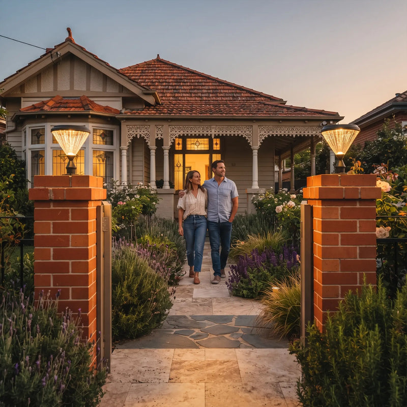 A couple walks along a stone path toward a Victorian-style house, framed by two brick pillars with glowing outdoor lights and landscaped garden beds at dusk.