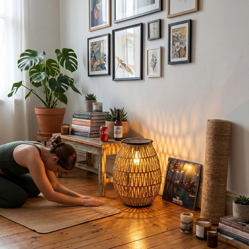 Woman doing yoga indoors with PT0906 solar lantern as ambient floor lamp, boho home decor, warm lighting for relaxation, USB-C rechargeable garden light used indoors