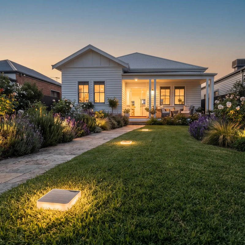A landscaped front yard at dusk with a white house, lawn, flower beds, and warm ground lights. A square illuminated outdoor light is visible in the foreground grass.