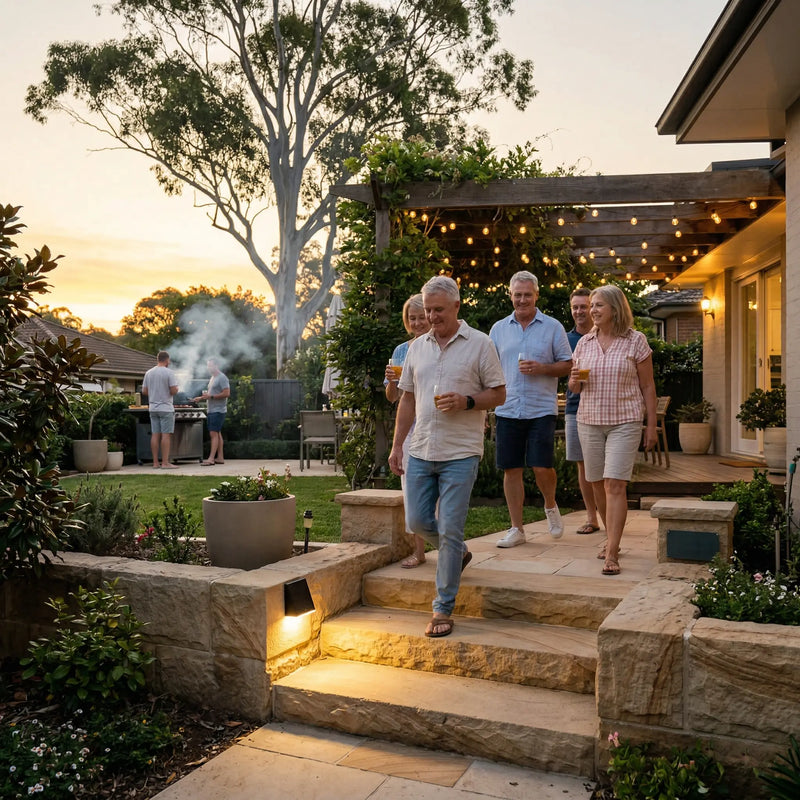 Group of people walking outdoors on a patio with a sunset in the background