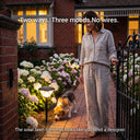 Woman walking a dog in a garden with solar lawn light, text overlay about two ways, three moods, no wires.