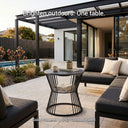 Outdoor patio setting with a solar-powered table and furniture.