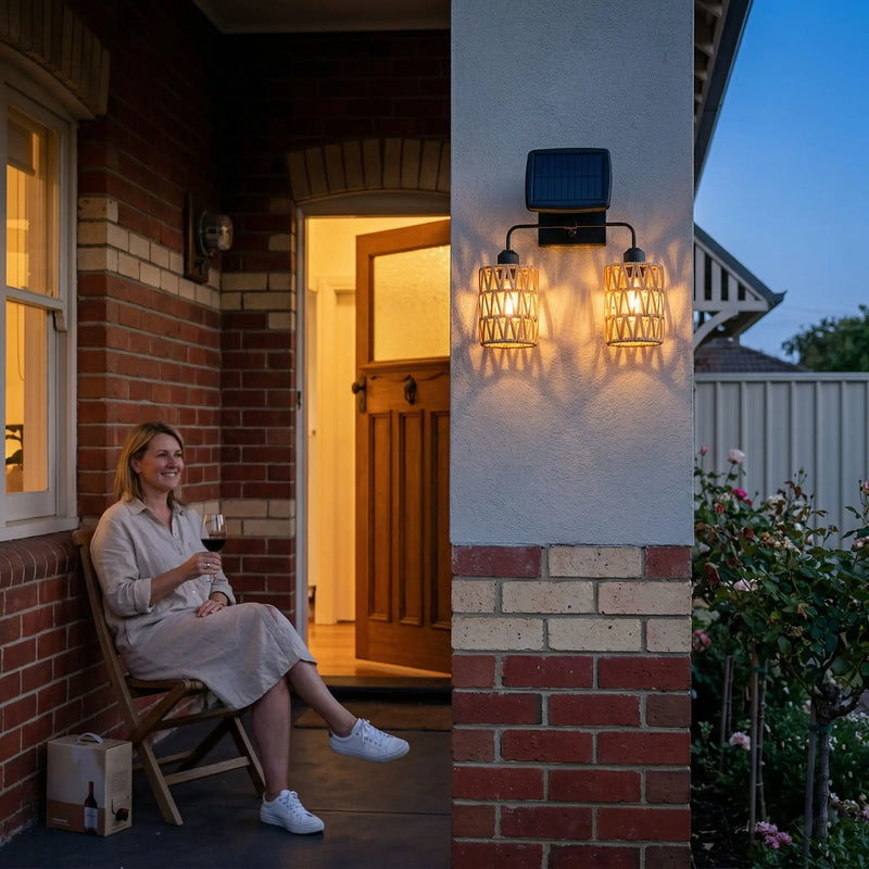 A two-light outdoor wall sconce with woven wire shades and a small solar panel, mounted on a house exterior wall next to a brick entryway. A woman sits in a folding chair holding a drink nearby, with the lights casting a warm glow on the wall.