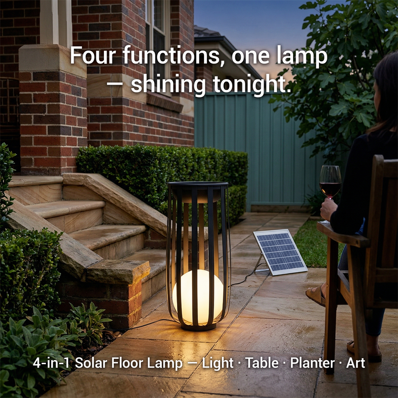A glowing solar-powered outdoor floor lamp stands on a stone patio beside a brick house, with a person seated in a chair at right and a small solar panel nearby. Text on the image reads, 'Four functions, one lamp — shining tonight.
