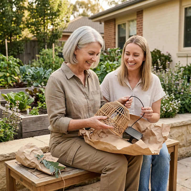 Two women sitting on a bench in a garden, looking at a woven basket.