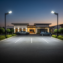 Modern commercial building exterior at dusk with two parked cars in front, landscaped hedges, and tall streetlights illuminating a paved parking area.