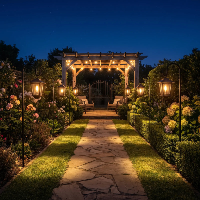 Multiple HeritageHook lanterns lining stone pathway to pergola at night, showcasing their use as ambient pathway lighting that enhances garden symmetry and guides guests with warm, consistent glow.