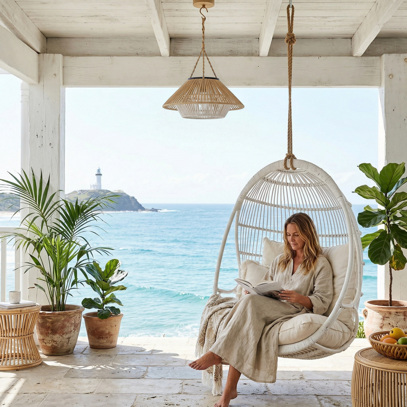 A woman lounges in a white hanging egg chair on a covered porch with a view of the ocean. She is wearing a beige robe and reading a book, with potted plants, a woven pendant light, and a stone floor around her.