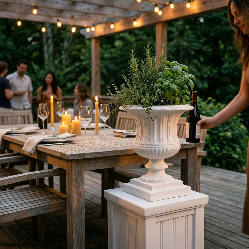 Woman setting dinner table on timber deck at dusk, white OUTWAY Flora Roman planter with fresh herbs as centrepiece, string lights overhead, guests in background — F004-F006-flora-combo-outdoor-dining-herb-centrepiece