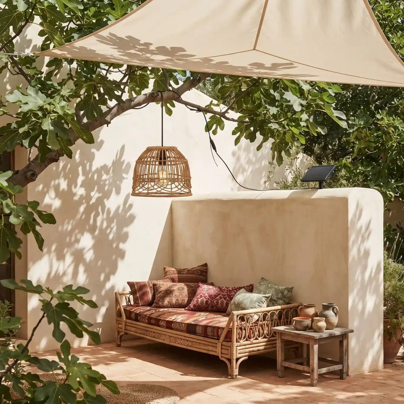 PT0913 solar rattan pendant light with separate solar panel in an outdoor garden seating area