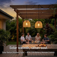 Family sitting under a wooden pergola with solar rattan pendant lights on a patio.