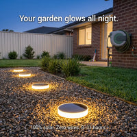 Niteo solar lights glowing on a gravel driveway at dusk, text overlay "Your garden glows all night", showcasing 100% solar powered long-lasting illumination.