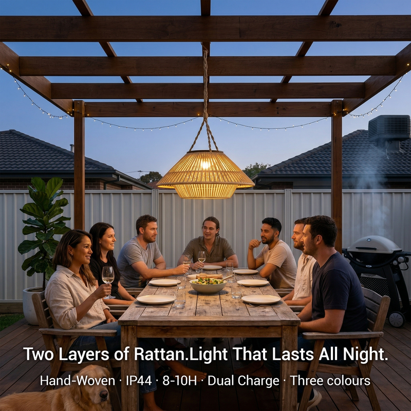 A group of people dining under a wooden pergola at dusk, with a large woven pendant light hanging above the table. Text at the bottom reads: 'Two Layers of Rattan.