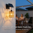 Side profile view of the Kasa woven wall light highlighting the dual charging capability with a visible USB-C port on the back of the solar panel for backup power. Demonstrates its practicality for cloudy days and reliability beyond pure solar dependence.