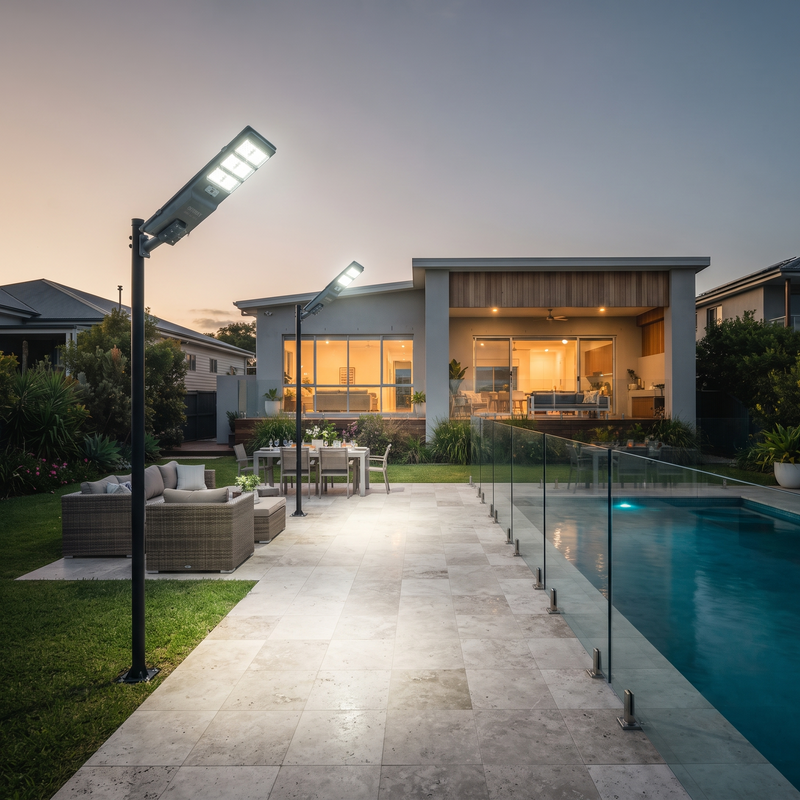Modern outdoor patio scene at dusk with a tiled walkway, glass railing, swimming pool, patio furniture, and a contemporary house in the background.