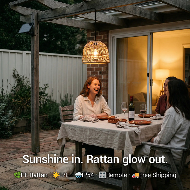 Outway PT0913 solar rattan pendant glowing warm 3000K on outdoor patio at night with remote