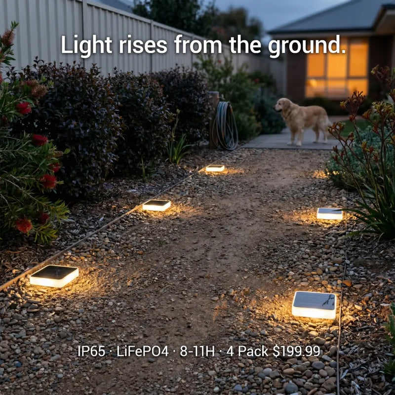 PT0608 Square In-Ground Solar Light warm glow rising from ground IP65 LiFePO4 8-11H 4-pack Australian garden pathway night