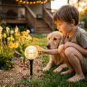 Child and dog interacting with a garden light in a backyard setting