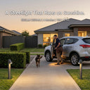 Person getting into a car with a dog on a driveway, illuminated by a streetlight, with text about the streetlight's features.