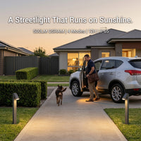 Person getting into a car with a dog on a driveway, illuminated by a streetlight, with text about the streetlight's features.