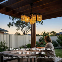 Woman sitting at a table in a backyard with decorative outdoor lighting, text overlay about product features.
