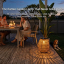 PT0906 rattan garden lamp that never goes dark, solar + USB-C backup charging, 3000K warm glow, PE rattan woven shade, outdoor dining ambiance with family and dog