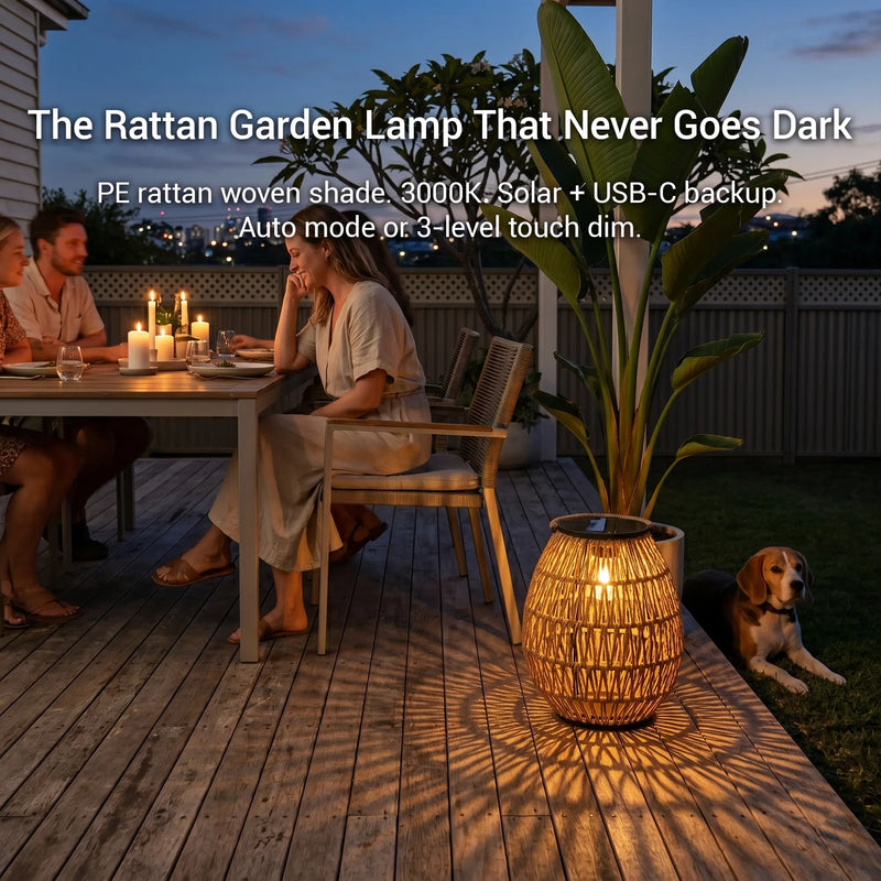 PT0906 rattan garden lamp that never goes dark, solar + USB-C backup charging, 3000K warm glow, PE rattan woven shade, outdoor dining ambiance with family and dog