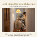 2-in-1 floor lamp and coat rack in living room, gold finish with real marble base (6.8kg), 3 color temperatures, RCM certified, cozy corner lighting with cat and sofa