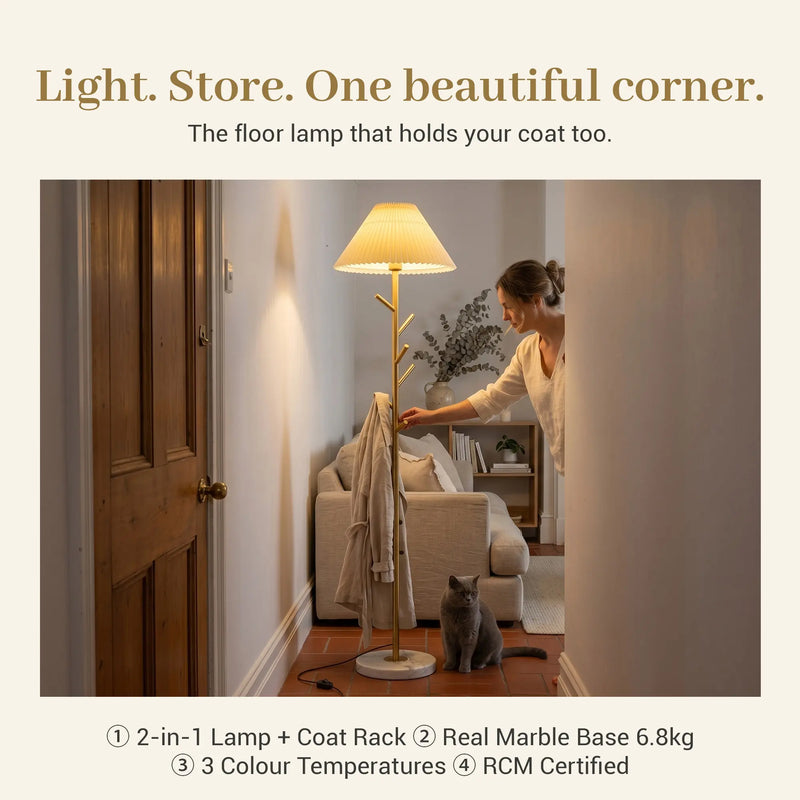 2-in-1 floor lamp and coat rack in living room, gold finish with real marble base (6.8kg), 3 color temperatures, RCM certified, cozy corner lighting with cat and sofa