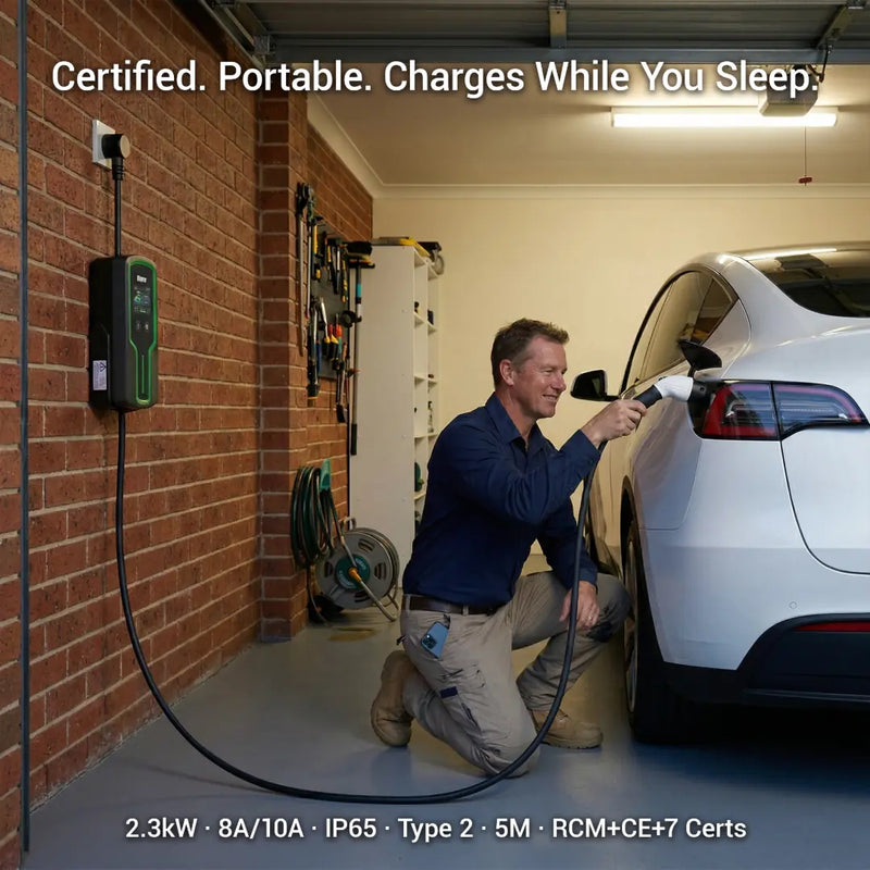 Man charging Tesla with Outway EVP03 in garage with certification badges