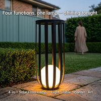Solar floor lamp with text 'Four functions, one lamp - shining tonight.' in an outdoor setting.