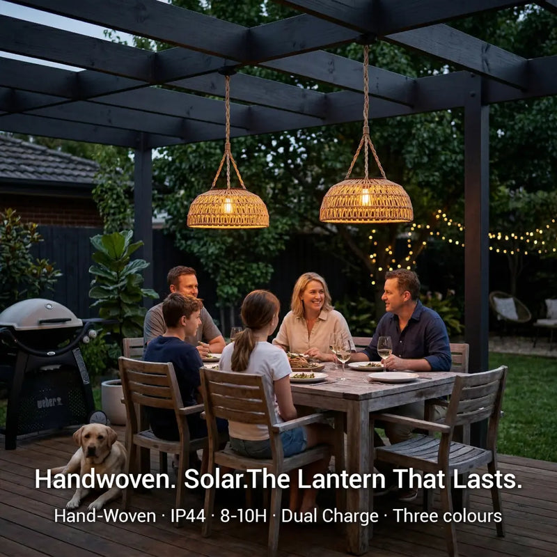 A split image demonstrating the PT0901 Kiku Solar Rattan Hanging Lantern's three color temperature modes: 3000K Warm for relaxing, 4000K Neutral for reading, and 6000K Cool for tasks.