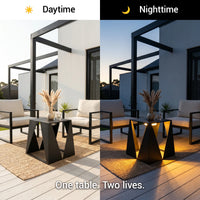 Outdoor patio set with a table during daytime and nighttime, showing lighting difference.