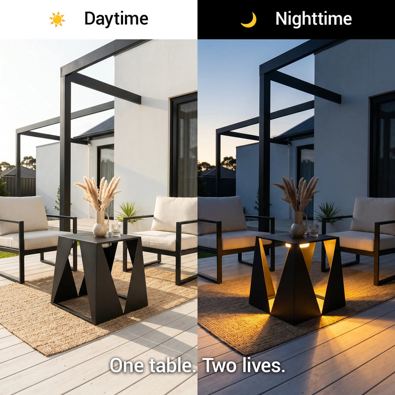 Outdoor patio set with a table during daytime and nighttime, showing lighting difference.